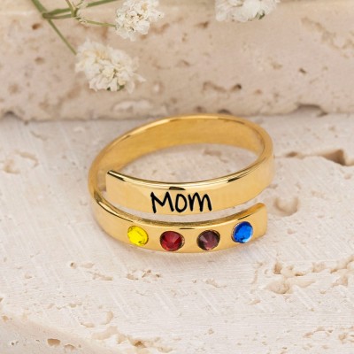 Personalised Birthstone Wrap Name Ring with 1-8 Birthstones Mother's Day Gift