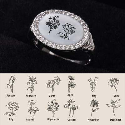 Personalised Shell Birth Flower Ring Floral Signet Ring Mother's Day, Christmas Gift