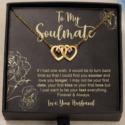 Personalised To My Soulmate Double Heart Birthstone Necklace with Names Gifts for Her Anniversary Gifts Valentine's Day Gifts