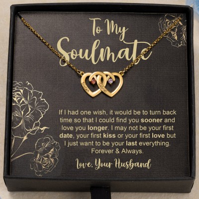 Personalised To My Soulmate Names Birthstone Double Heart Necklace Anniversary Valentine's Day Gifts For Wife Her