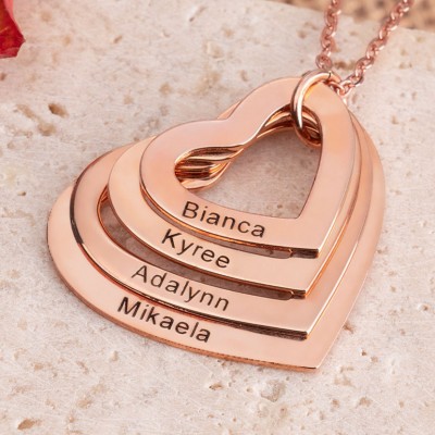 18K Rose Gold Plating Personalised Engraved Heart Shaped Family Necklace 1-4 Engraving Name Necklace