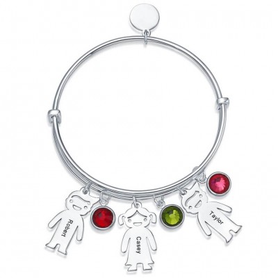 Personalised Bangle Bracelet With 1-10 Birthstones Kids Charms