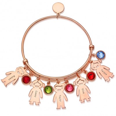 18K Rose Gold Personalised Bangle Bracelet With 1-10 Birthstones Kids Charms