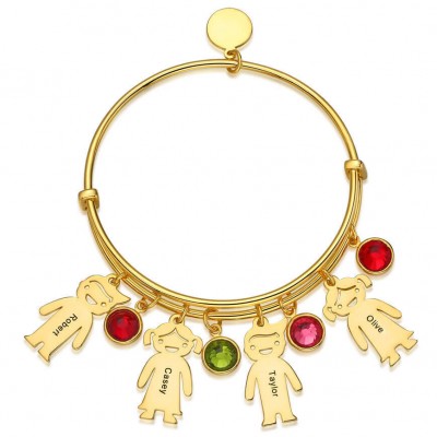 18K Gold Plating Personalised Bangle Bracelet With 1-10 Birthstones Kids Charms