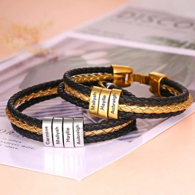 Braided Layered Leather Bracelet with Small Custom Silver and Gold Beads 1-10 Beads