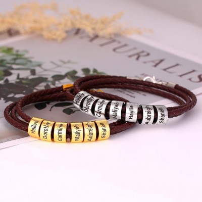 Brown Leather Beads Bracelet Small Custom Bead in Silver