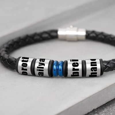 Custom Bead Braid Black Leather Bracelet With 1-10 Beads