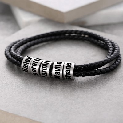 Braided Leather Bracelet with Small Custom Beads In Silver