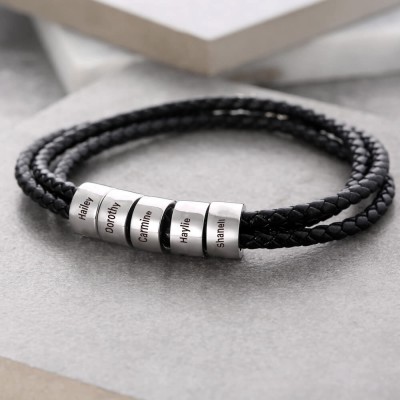 Braided Leather Bracelet with Small Custom Beads In Silver