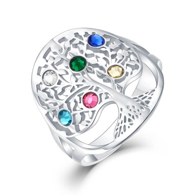 S925 Sterling Silver Personalised Family Tree Ring with 1-6 Birthstones