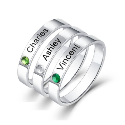 S925 Sterling Silver Personalised Stackable 3 Names Ring With Birthstone