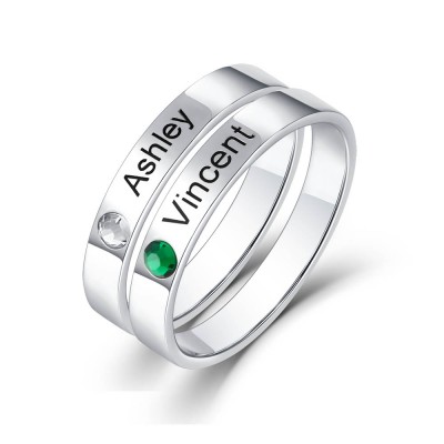 S925 Sterling Silver Personalised Stackable 2 Name Rings With Birthstone