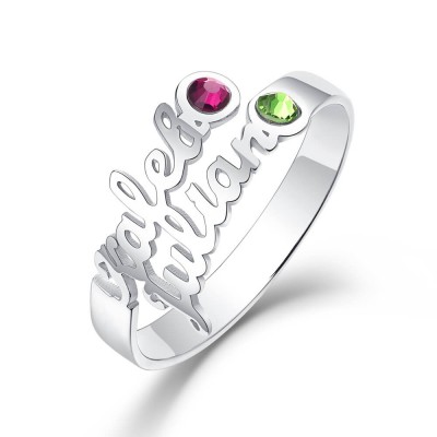 S925 Sterling Silver Personalised Birthstone Ring with 2 Names Gift for Her