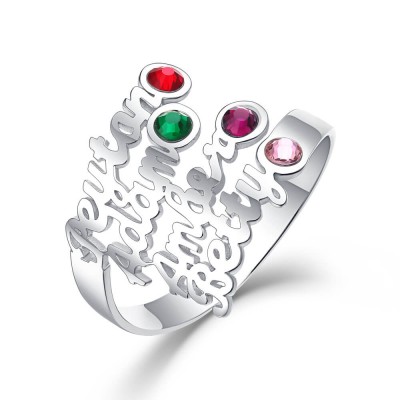 S925 Sterling Silver Personalised Birthstone Ring with 4 Names Gift for Her