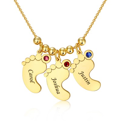 18K Gold Plating Personalised 1-10 Engravable Charms Necklace Baby Feet Shape Pendant Necklace Birthstones Necklace for Mom