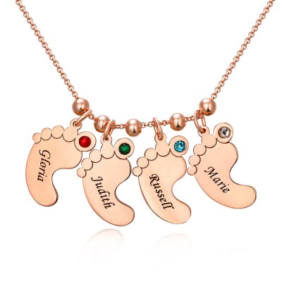 18K Rose Gold Plating Personalised 1-10 Engravable Charms Necklace Baby Feet Shape Pendant Necklace Birthstones Necklace for Mom