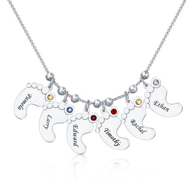 Silver Personalised 1-10 Engravable Charms Necklace Baby Feet Shape Pendant Necklace Birthstones Necklace for Mom