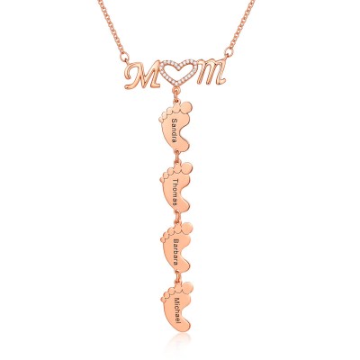 18K Rose Gold Plated Personalised Inlay Mom Necklace With Baby Feet Pendant 1-10 Pendants