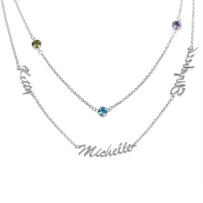 Personalised Layered Name Necklace With Birthstones 1-6 Names and Birthstones