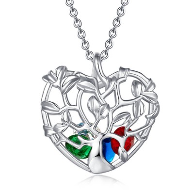 Heart Shape Family Tree Caged Pendant Necklace with 1-8 Birthstones