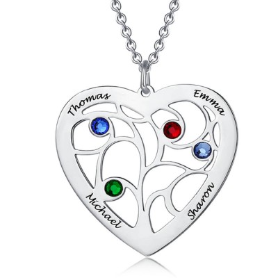 Personalised Heart Family Tree Necklace With 1-7 Birthstone, Customised Necklace for Mom, for Her