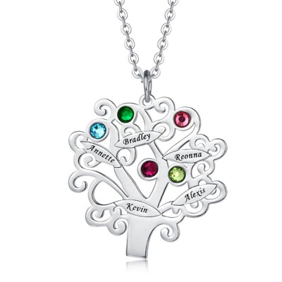 Personalised Birthstones Family Tree Necklace with 1-6 Names Customize Family Jewelry
