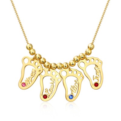 18K Gold Plating Personalised 1-10 Baby Feet Shape Pendants Name Necklace with Birthstones Mother's Necklace