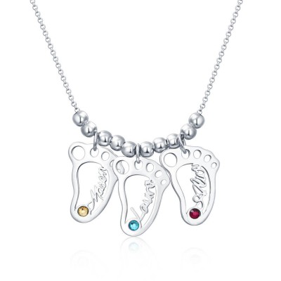 Silver Personalised 1-10 Baby Feet Shape Pendants Name Necklace with Birthstones Mother's Necklace