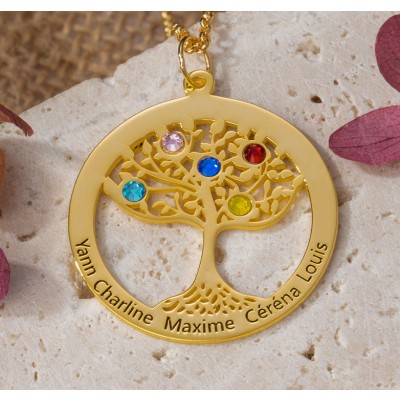 Personalised Tree of Life Name Birthstone Necklace Gift for Mum Grandma Wife