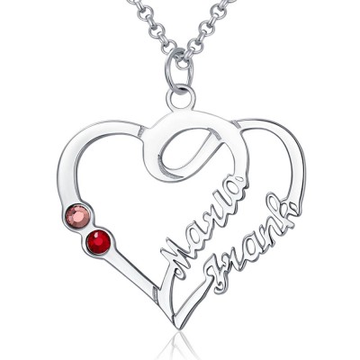 Personalised Couple Heart Names Necklace With Birthstones