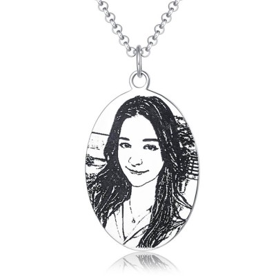 Personalise Engraved Oval Shadow Carving Photo Necklace