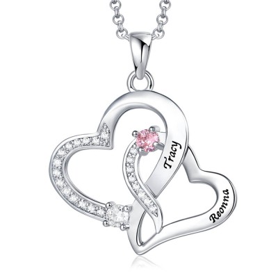 Personalised Double Heart Necklace With 2 Names & Birthstones