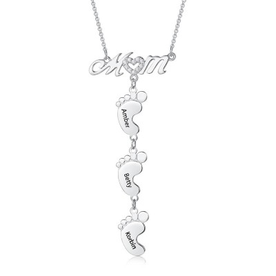 Silver Personalised Mom Necklace With Baby Feet 1-10 Pendants