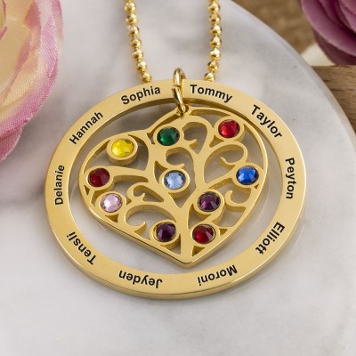 18k Gold Plating Filigree Family Tree Necklace with 1-10 Birthstones