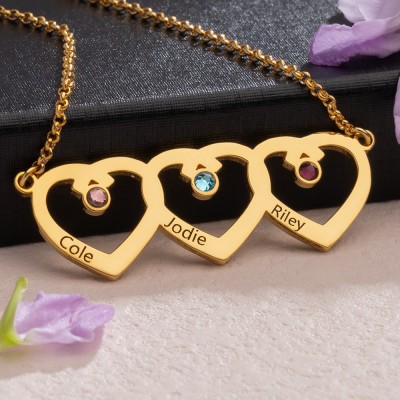 Personalised Heart Charm Names Necklace with Birthstone Designs Anniversary Gift New Mum Gift Love Gift for Her