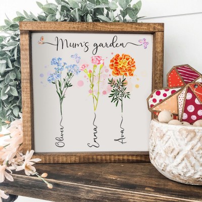 Personalised Grandma's Garden Birth Flower Grandkids Name Wooden Frame Sign Unique Gifts For Mum Grandma Her