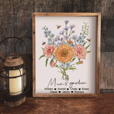 Personalised Mum's Garden Birth Month Flower Bouquet Family Names Art Print Gifts for Mum Grandma Wife Her