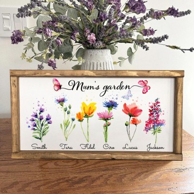 Custom Birth Flower Sign Mum's Garden Wooden Frame Engraved with Names Gift Ideas for Mum Christmas Gifts for Grandma