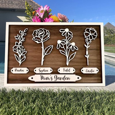 Custom Mum's Birth Month Flower Garden Frame With Grandkids Names Wood Home Decor For Christmas Gifts Unique Gifts for Mum Grandma