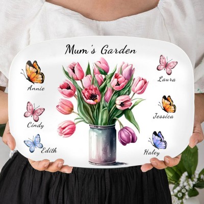 Mum's Garden Butterfly Flower Platter with Kids Names Customised Plate for Mum Christmas Gifts