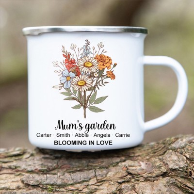 Custom Mum's Garden Birth Month Flower Bouquet Camping Coffee Mug with Kids Names Gift Ideas for Mum Grandma 