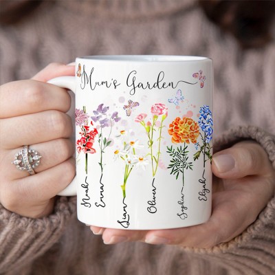 Personalised Mum's Garden Birth Month Flower Mug with Kids Names Unique Gifts for Mum Grandma Birthday Gifts for Her
