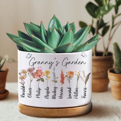 Personalised Granny's Garden Scculent Plant Pot With Birth Flowers And Names Gift For Mum Grandma Mother's Day Gift