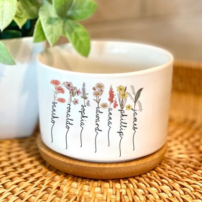 Personalised Birth Month Flower Outdoor Plant Pot With Kids Names Gifts For Mum Grandma Mother's Day Gift