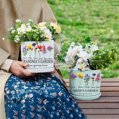 Personalised Mum's Garden Outdoor Birth Flower Plant Pot with Kids Names Gift Ideas for Mum Grandma Family Gifts 