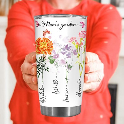 Personalised Mum's Garden Tumbler with Kids Names and Birth Month Flower Designs Gift Ideas for Mum Grandma Christmas Gifts