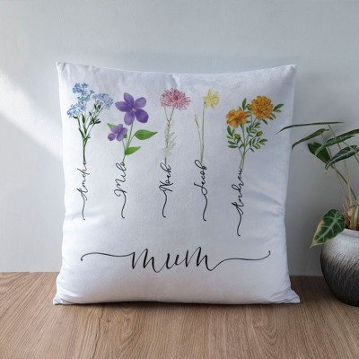 Personalised Birth Month Flower Mum Pillow with Kids Names Mother's Day Gift