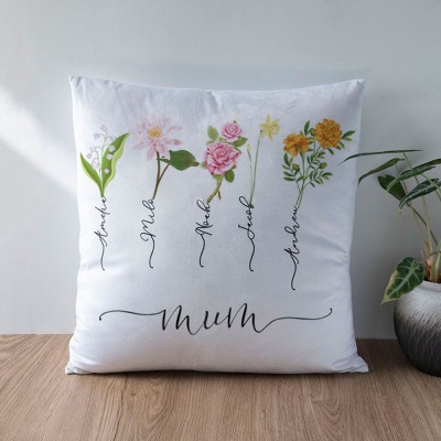 Personalised Birth Month Flower Mum Pillow with Kids Names Mother's Day Gift