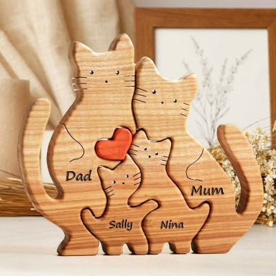 Personalised Warm Cat Wooden Family Puzzle Family Home Decor Gift For Parents Mum Grandma Her