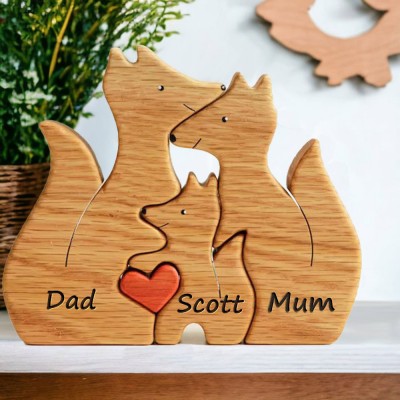 Personalised Wooden Fox Family Puzzle Animal Figurines with Names Anniversary Gifts For Mum Her Him Children